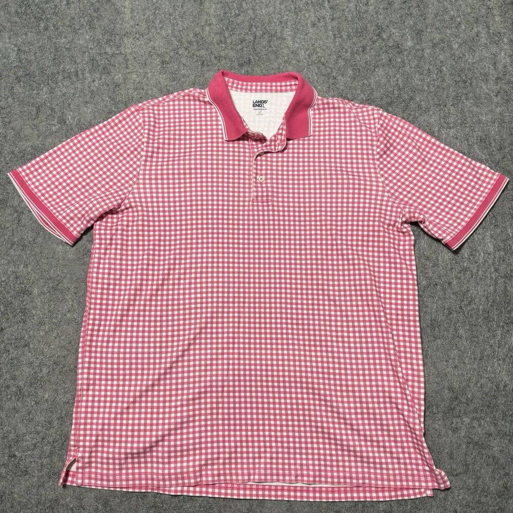 Lands End Polo Shirt Size L/T Large Tall Pink White Gingham Check Made in Peru